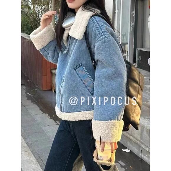 ZARA NEW FAUX SHEARLING BIKER JACKET MOTO DENIM BLUE M MEDIUM 3548/250 - Picture 4 of 16